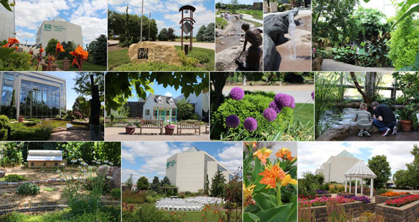 A photo collage showing the inside and outside of the Quad Cities Botanical Center